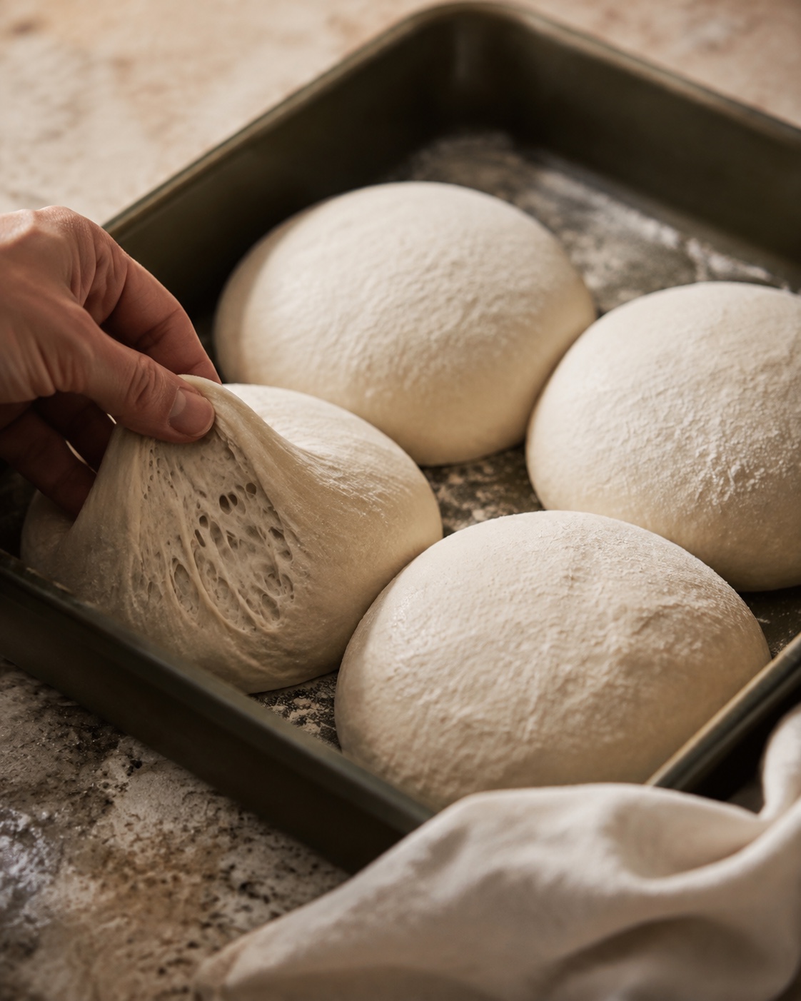 Portioned dough resting on a flour-dusted work surface