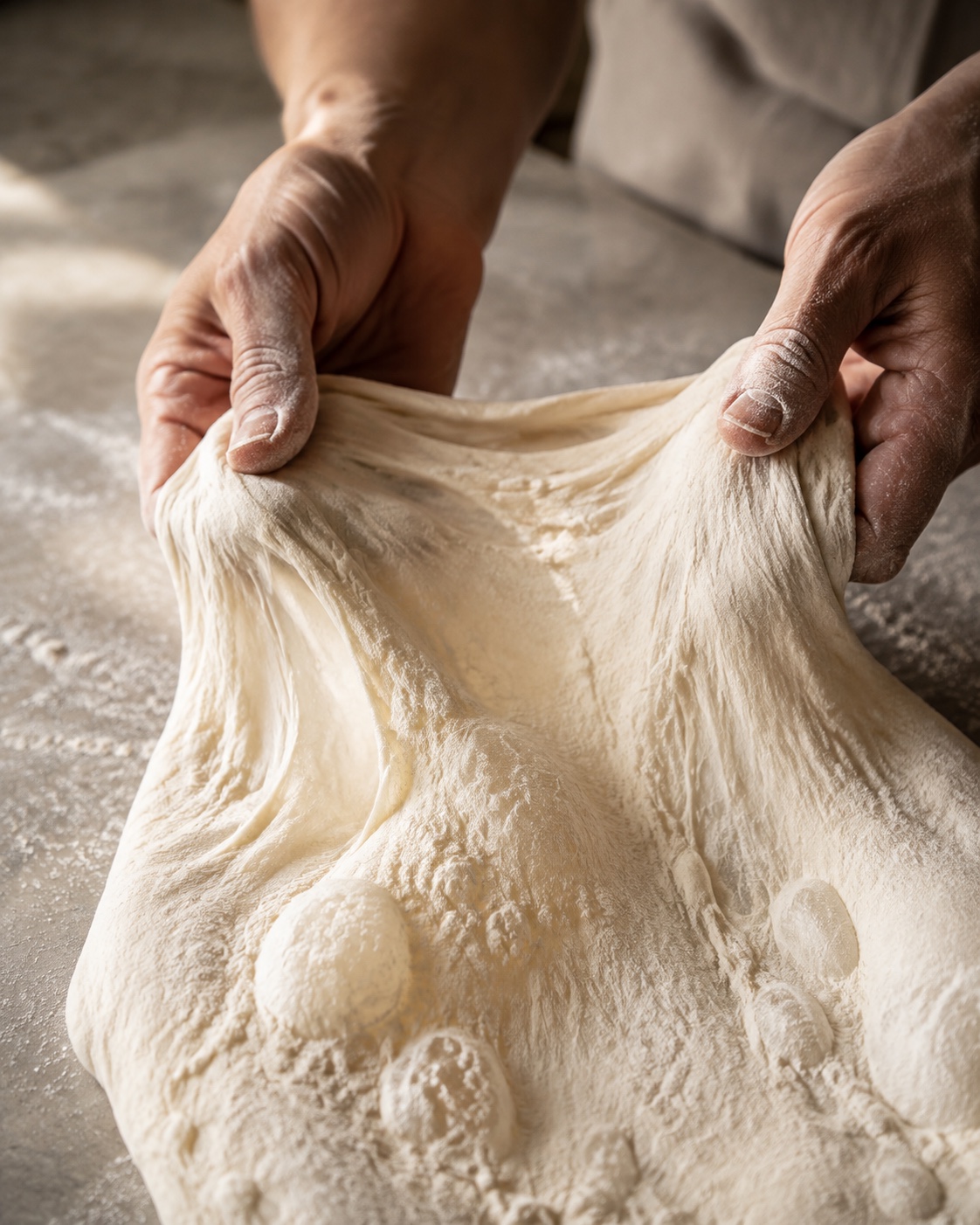 Dough stretching by hand on a flour-dusted counter