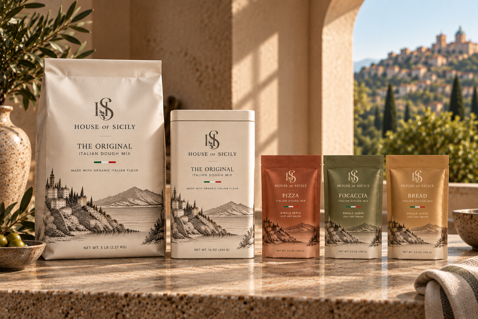 House of Sicily five-product family concept in a sunlit Sicilian kitchen