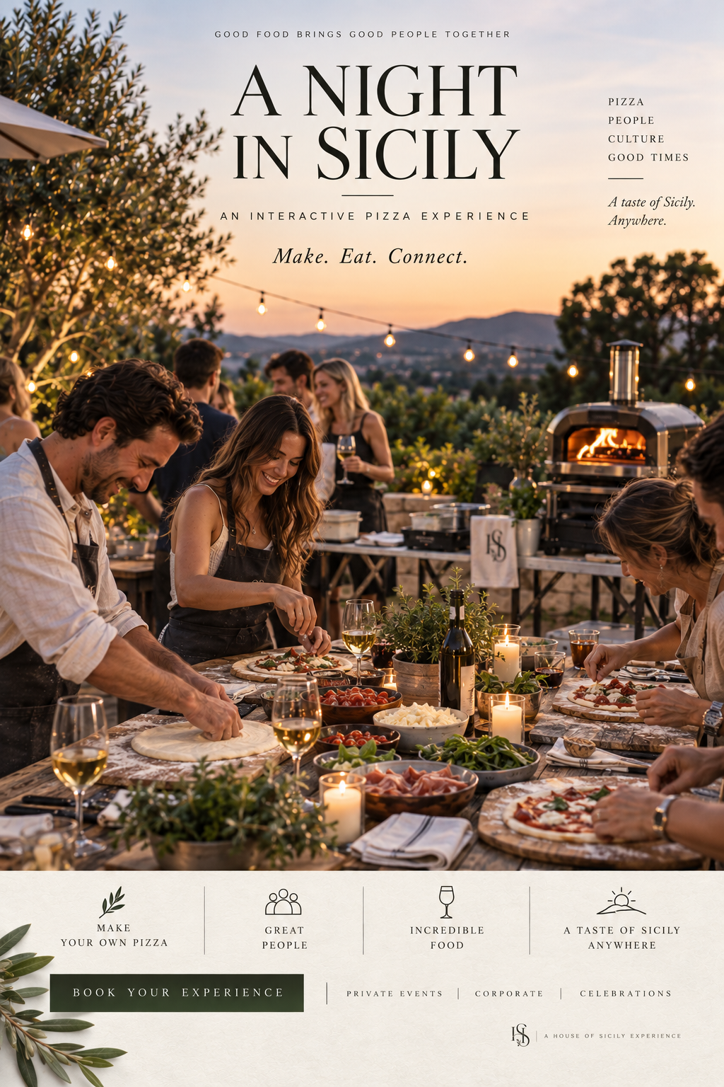 A Night in Sicily — an interactive pizza experience. Make. Eat. Connect. Friends making pizza together at sunset. Private events, corporate gatherings and celebrations.