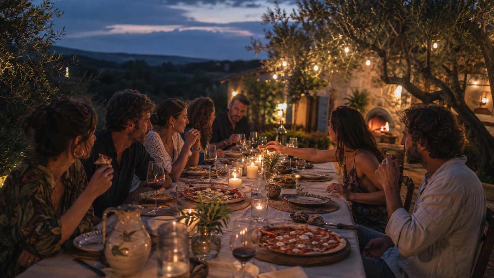 Friends at a candlelit outdoor Sicilian dinner