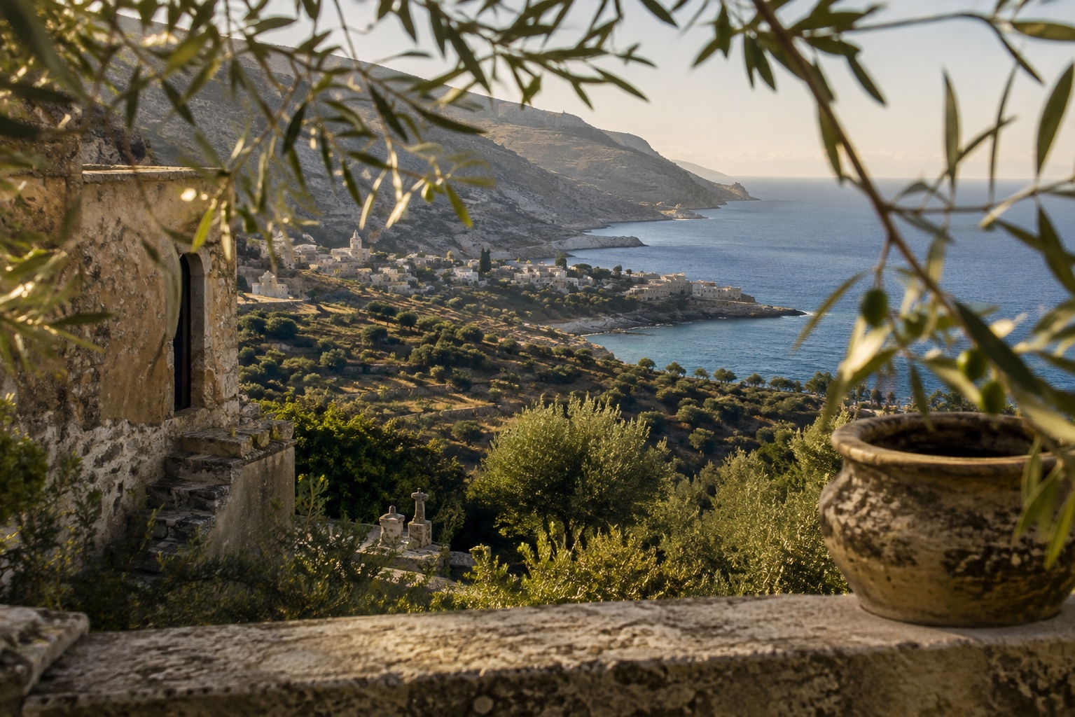 A quiet Sicilian coast seen through olive branches