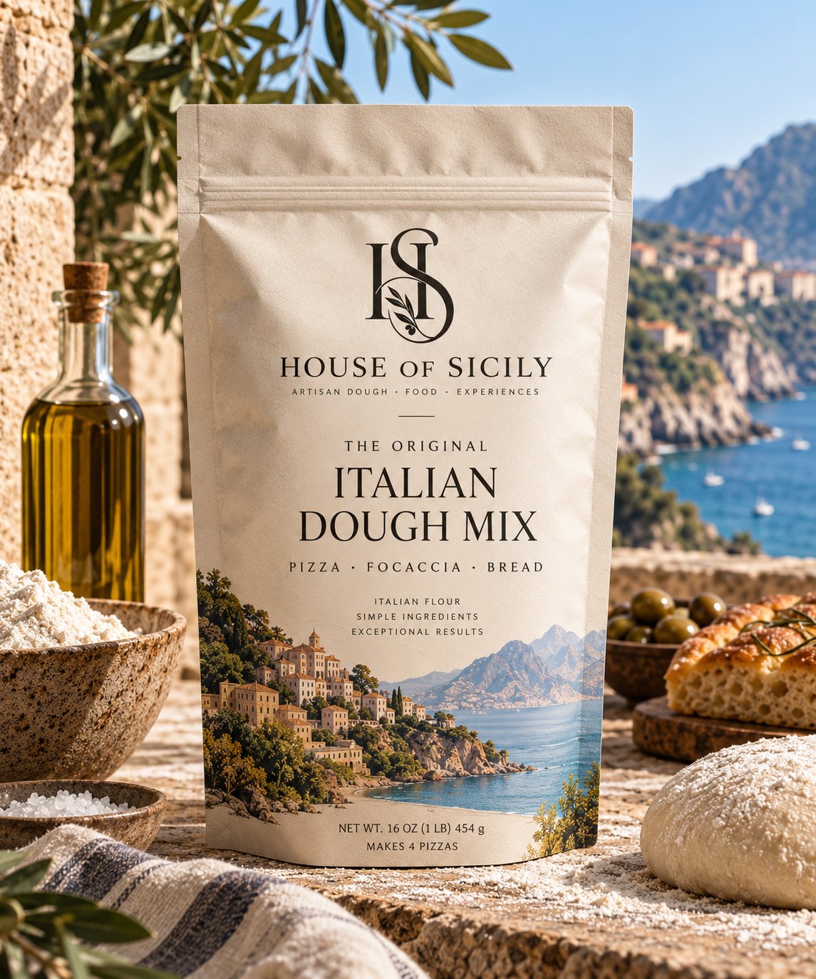 The Original Italian Dough Mix with flour, olive oil and fresh dough overlooking the Sicilian coast